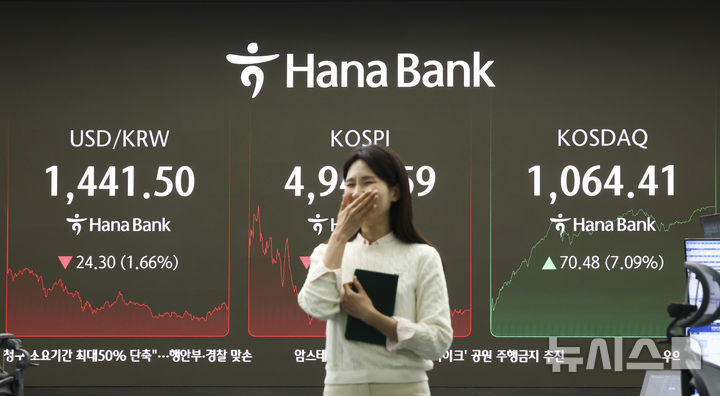 [서울=뉴시스] 김근수 기자 = 외환시장에서 원·달러 환율은 전 거래일(1465.8원)보다 25.2원 내린 1440.6원에 주간 거래를 마감한 26일 서울 중구 하나은행 본점 딜링룸 전광판에 지수가 나오고 있다.&nbsp; 코스피는 전 거래일(4990.07)보다 40.48포인트(0.81%) 내린 4949.59에 장을 마감했으며, 코스닥 지수는 전 거래일(993.93)보다 70.48포인트(7.09%) 오른 1064.41에 거래를 마쳤다. 2026.01.26. ks@newsis.com