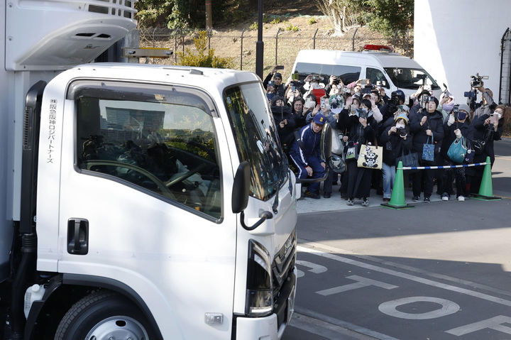 [도쿄=AP/뉴시스] 27일 일본 도쿄 우에노 동물원에서 일본의 마지막 자이언트 판다 샤오샤오와 레이레이를 실은 차량이 출발하자 팬들이 이를 지켜보며 작별 인사를 하고 있다. 샤오샤오와 레이레이가 예정보다 한 달 앞당겨 중국으로 반환되면서 일본에 1972년 자이안트 판다가 처음으로 들어온 이후 판다가 한 마리도 남지 않게 됐다. 2026.01.27.