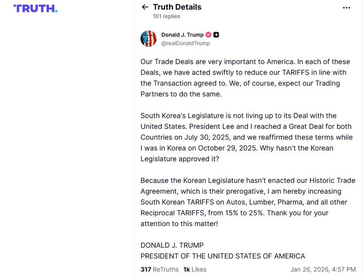 [워싱턴=뉴시스]도널드 트럼프 미국 대통령이 26일(현지 시간) 소셜미디어(SNS) 트루스소셜에 "한국 국회가 우리의 역사적인 무역합의를 비준하지 않았기에, 그들의 권한이지만, 저는 이에 따라 한국산 자동차, 목재, 의약품 및 기타 상호관세를 15%에서 25%로 인상할 것이다"고 밝혔다. (사진=트루스소셜). 2026.01.27. *재판매 및 DB 금지