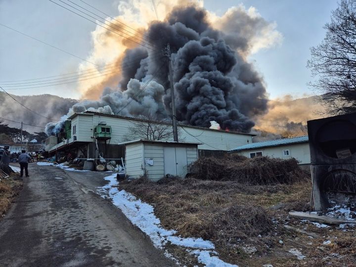 [보령=뉴시스] 27일 오전 10시14분께 충남 보령시 청라면 향천리 돼지농장에서 불이 나 검회색 연기가 하늘로 치솟고 있다. (사진=보령소방서 제공) 2026.01.27. photo@newsis.com *재판매 및 DB 금지