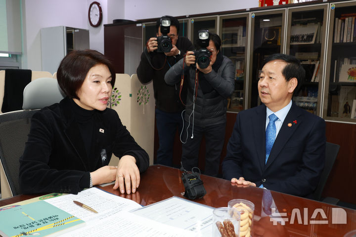 [서울=뉴시스] 고승민 기자 = 구윤철 경제부총리 겸 재정경제부 장관이 27일 서울 여의도 국회 의원회관에서 한정애 더불어민주당 정책위의장과 대화를 나누고 있다. 2026.01.27. kkssmm99@newsis.com