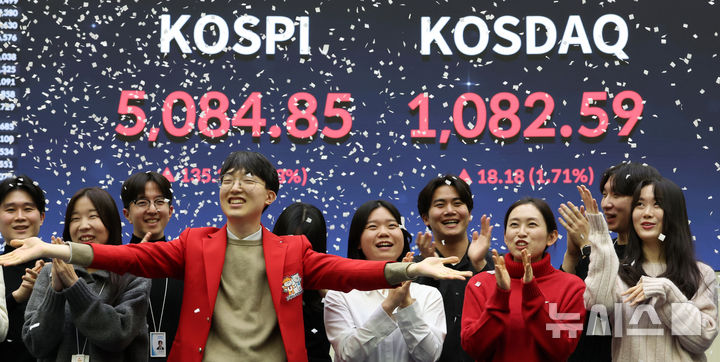 [서울=뉴시스] 이영환 기자 = 코스피가 전 거래일(4949.59)보다 135.26포인트(2.73%) 오른 5084.85에 장을 마감한 27일 오후 서울 여의도 한국거래소 홍보관에서 직원들이 환호하고 있다.코스닥 지수는 전 거래일(1064.41)보다 18.18포인트(1.71%) 오른 1082.59에 거래를 마쳤다. 2026.01.27. 20hwan@newsis.com