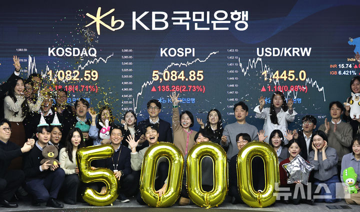 [서울=뉴시스] 김금보 기자 = 코스피가 종가 5000선을 처음으로 돌파했다. 27일 오후 서울 영등포구 KB국민은행 딜링룸에서 직원들이 코스피 종가 5000 달성을 기념하고 있다.코스피는 전 거래일(4949.59)보다 135.26포인트(2.73%) 오른 5084.85에, 코스닥 지수는 전 거래일(1064.41)보다 18.18포인트(1.71%) 오른 1082.59에 거래를 마쳤다. 서울 외환시장에서 원·달러 환율은 전 거래일(1440.6원)보다 5.6원 오른 1446.2원에 주간 거래를 마감했다. 2026.01.27. kgb@newsis.com
