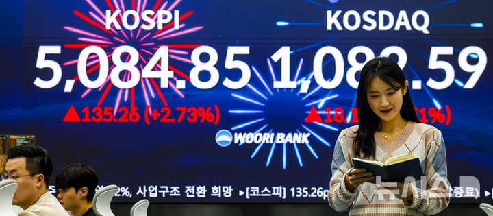 [서울=뉴시스] 정병혁 기자 = 코스피가 종가 기준 사상 처음 5000선을 돌파한 27일 서울 중구 우리은행 본점 딜링룸 전광판에 종가 지수가 표시되어 있다. 이날 코스피는 전 거래일(4949.59)보다 135.26포인트(2.73%) 오른 5084.85에, 코스닥 지수는 전 거래일(1064.41)보다 18.18포인트(1.71%) 오른 1082.59에 거래를 마쳤다. 서울 외환시장에서 원·달러 환율은 전 거래일(1440.6원)보다 5.6원 오른 1446.2원에 주간 거래를 마감했다. 2026.01.27. jhope@newsis.com