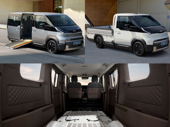 [서울=뉴시스] 기아가 교통약자와 소상공인, 컨버전(차량 개조) 업체를 겨냥한 목적기반차(PBV) PV5 3종을 출시하고 계약을 시작한다고 28일 밝혔다. 왼쪽 위부터 시계방향으로 'PV5 WAV', 'PV5 오픈베드', 'PV5 패신저 도너모델 내부 모습'. (사진=기아 제공) photo@newsis.com *재판매 및 DB 금지