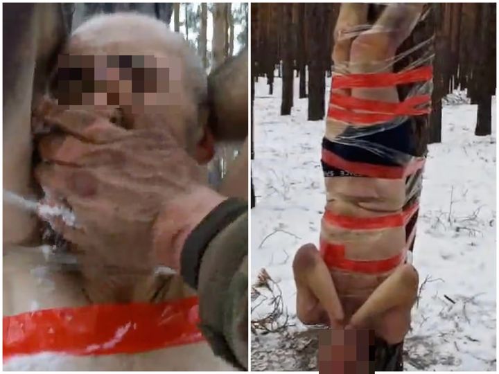 [뉴시스] 우크라이나 공격 명령을 거부하고 탈영을 시도한 러시아 군인들이 가혹한 처벌을 받는 영상이 공개돼 충격을 주고 있다. (사진=엑스 캡처) *재판매 및 DB 금지