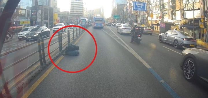 [뉴시스]종로의 한 버스 전용 도로에서 잠을 자는 사람이 발견돼 운전기사가 인도로 안내했다. (사진 = 보배드림 캡처) *재판매 및 DB 금지