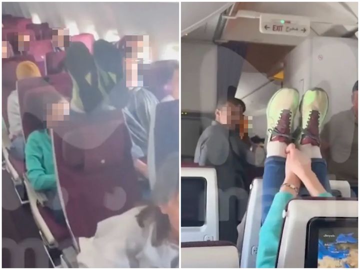 [뉴시스] 기내에서 앞좌석 승객이 좌석 등받이를 뒤로 젖힌 데 불만을 품은 한 승객이 좌석 등받이에 두 발을 올리며 항의하는 일이 벌어져 논란이 되고 있다. (사진=뉴욕포스트 캡처) *재판매 및 DB 금지