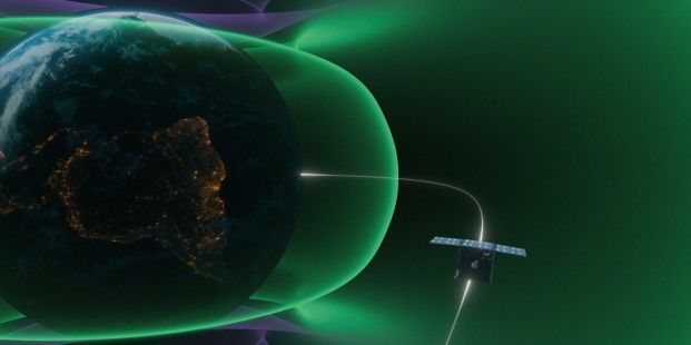 우주방사선 관측 큐브위성 'K-RadCube(K-라드큐브)'가 지구를 둘러싼 '밴앨런 복사대'의 우주방사선을 측정하고 있는 모습 상상도. (사진=우주항공청 제공) *재판매 및 DB 금지