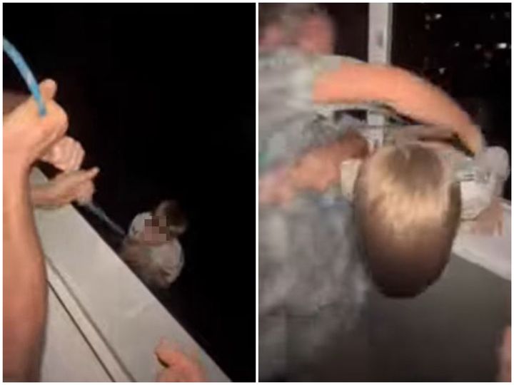 [뉴시스] 술에 취한 아버지가 아파트 7층 창문 밖으로 어린 아들을 밧줄에 매달아 놓은 영상이 공개돼 큰 충격을 주고 있다. (사진=유튜브 캡처) *재판매 및 DB 금지