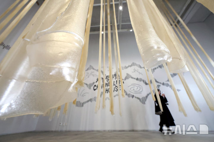 [서울=뉴시스] 박진희 기자 = 국립현대미술관은 '소멸의 시학: 삭는 미술에 대하여'전 언론공개회를 29일 서울 종로구 국립현대미술관 서울에서 갖고 라이스 브루잉 시스터즈 클럽이 우뭇가사리 재료를 이용해 만든 작품을 선보이고 있다. 2026.01.29. pak7130@newsis.com