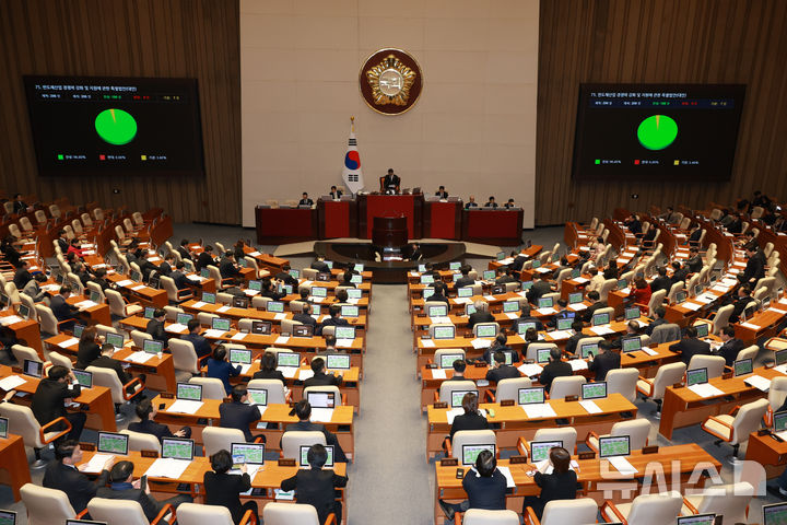 [서울=뉴시스] 고승민 기자 = 29일 서울 여의도 국회에서 열린 본회의에서 반도체산업 경쟁력 강화 및 지원에 관한 특별법안이 가결되고 있다. 2026.01.29. kkssmm99@newsis.com