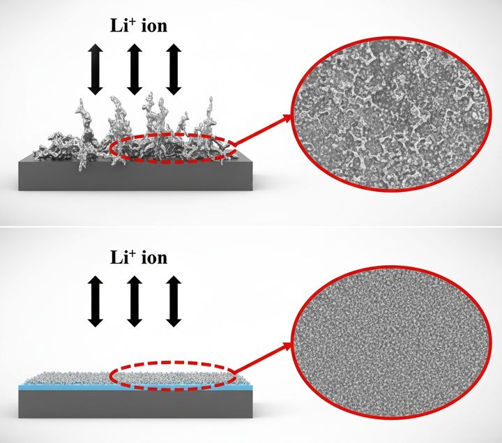 위: 리튬 메탈 덴드라이트 현상, 아래: 아이엘 표면처리 기술 기반 리튬 메탈 음극. (사진=아이엘) *재판매 및 DB 금지