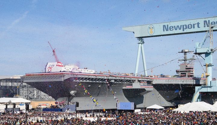[서울=뉴시스]미 해군의 차세대 항공모함 '존 F. 케네디(CVN-79)'호가 지난 28일(현지 시간) 첫 해상 시험에 돌입했다. 사진은 2019년 12월 7일 버지니아주 뉴포트뉴스에서 케네디호 명명식이 열리는 모습. <사진출처: 헌팅턴 잉걸스 인더스트리 웹사이트> 2026.01.30