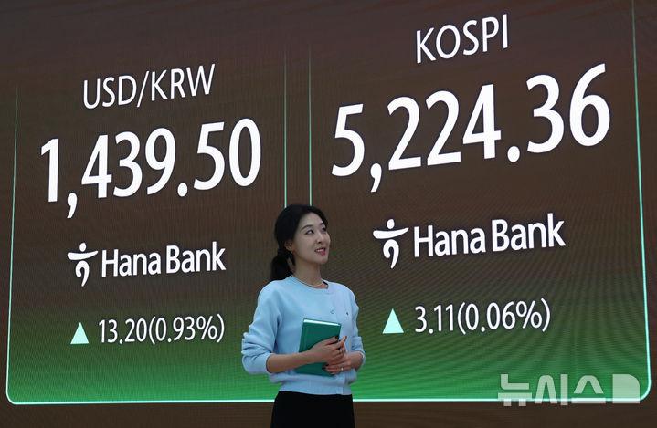 [서울=뉴시스] 황준선 기자 = 코스피가 전 거래일(5221.25)보다 3.11포인트(0.06%) 오른 5224.36에 마감한 30일 서울 중구 하나은행 딜링룸에 지수가 표시돼 있다.코스닥 지수는 전 거래일(1164.41)보다 14.97포인트(1.29%) 하락한 1149.44에 거래를 마쳤다. 서울 외환시장에서 원·달러 환율은 전 거래일(1426.3원)보다 13.2원 오른 1439.5원에 주간 거래를 마감했다. 2026.01.30. hwang@newsis.com