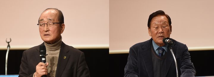 [천안=뉴시스] 최영민 기자=(왼쪽부터) 심대평 전 충남지사, 성무용 전 천안시장이 1일 열린 박찬우 전 의원의 출판기념회에서 축사를 하고 있다. 2026.02.01 ymchoi@newsis.com *재판매 및 DB 금지