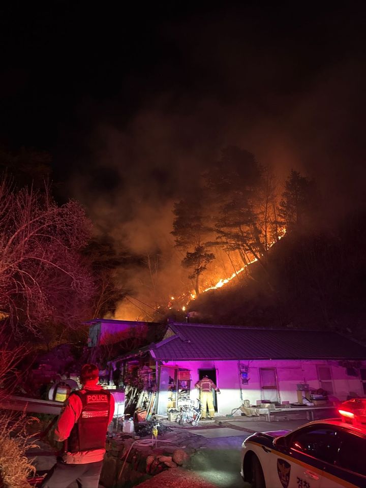 [동해=뉴시스] 1일 동해시 달방동 인근 한 야산에서 산불이 발생, 소방당국이 진화에 나서고 있다.(사진=강원도소방본부 제공)photo@newsis.com *재판매 및 DB 금지