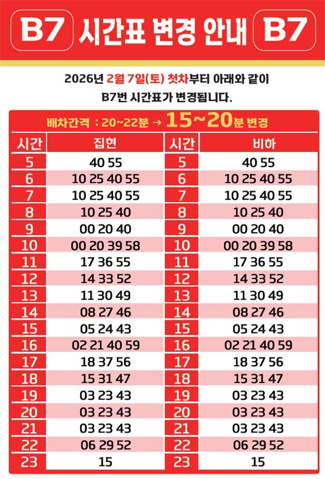 세종~청주 B7 광역버스 7일부터 4대 증차, 배차간격 단축