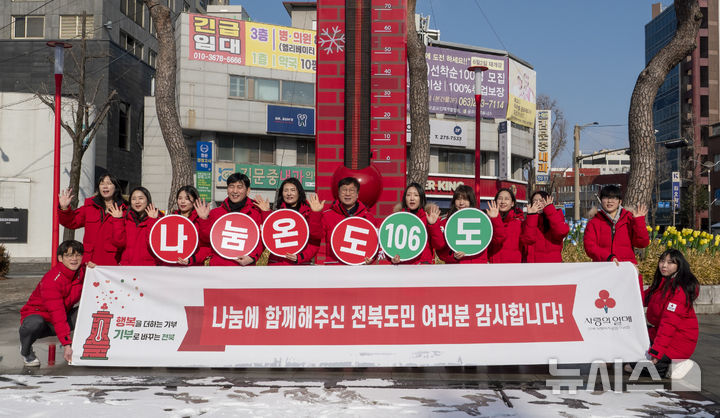 [전주=뉴시스] 강경호 기자 = 2일 전북 전주시 완산구 풍남문광장에 마련된 사랑의 온도탑 앞에서 전북사회복지공동모금회 관계자들이 나눔 온도 100도를 달성한 것을 두고 기념사진을 촬영하고 있다. 지난해 12월부터 두 달 간 진행된 '희망 2026 나눔 캠페인'은 전북에서 총 123억의 모금액을 달성해 목표치를 넘겨 나눔 온도 106도를 달성했다. 2026.02.02. lukekang@newsis.com