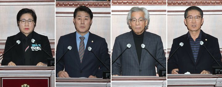 [정읍=뉴시스] 2일 열린 정읍시의회의 제310회 임시회 제1차 본회의, 왼쪽부터 한선미 의원, 정상철 의원, 김승범 의원, 이복형 의원이 '5분 자유발언'을 하고 있다. *재판매 및 DB 금지