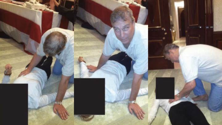 영국 찰스 3세 국왕의 동생 앤드루 전 왕자가 바닥에 누운 여성의 신체에 손을 대고 찍힌 사진이 공개된 가운데, 앤드루 전 왕자와 엡스타인의 친분을 보여주는 이메일이 추가로 공개되며 논란이 일고 있다.2026.02,01. (사진=X 캡처) *재판매 및 DB 금지