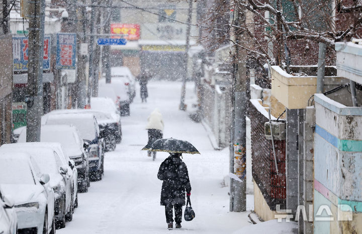 [대구=뉴시스] 이무열 기자 = 눈이 내리는 2일 대구 동구 효동로 일대에서 시민들이 발걸음을 옮기고 있다. 2026.02.02. lmy@newsis.com