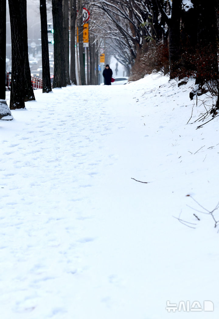 [인천=뉴시스] 전진환 기자 = 밤사이 눈이 내린 2일 오전 인천 남동구 중앙공원 인근 인도에서 한 시민이 걸어가고 있다. 2026.02.02. amin2@newsis.com