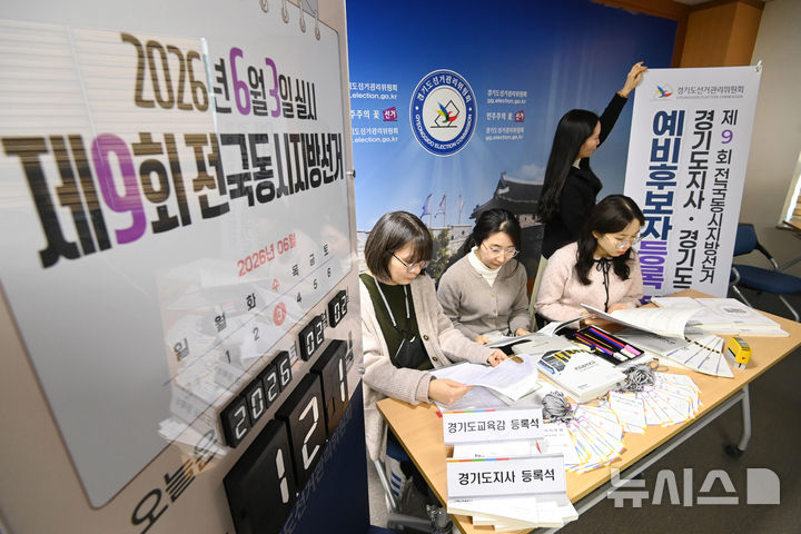 [수원=뉴시스] 김종택 기자 = 제9회 전국동시지방선거 예비후보자 등록을 하루 앞둔 2일 경기 수원시 영통구 경기도선거관리위원회에서 직원들이 예비후보자 등록 접수 준비를 하고 있다. 2026.02.02. jtk@newsis.com
