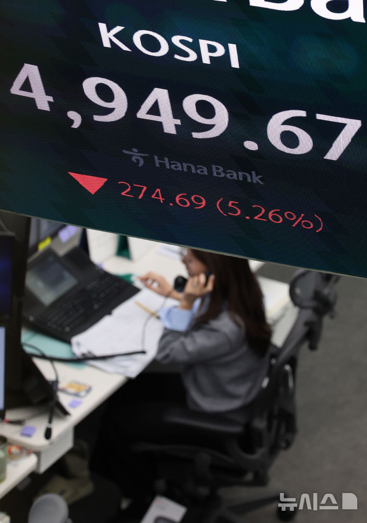 [서울=뉴시스] 배훈식 기자 = 장중 올해 첫 매도 사이드카가 발동되는 등 코스피가 급락한 2일 오후 서울 중구 하나은행 딜링룸 전광판에 코스피가 전 거래일 보다 274.69 포인트(5.26%) 내린 4949.76 포인트를 나타내고 있다. 2026.02.02. dahora83@newsis.com