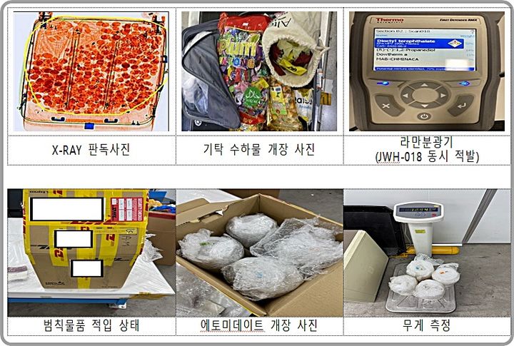 [대전=뉴시스] 태국발 항공여행자 기탁 수하물에 은닉해 밀반입하다 세관당국에 적발된 에토미데이트 함유 액상 카트리지 149점(위)과 라오스발 특송화물을 이용, 에토미데이트 12.9㎏을 아로마 오일로 허위신고한 뒤 밀반입한 시도하다 단속된 사례.(사진=관세청 제공) *재판매 및 DB 금지
