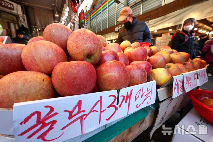 [서울=뉴시스] 김명년 기자 = 3일 서울 동대문구 청량리농수산물시장에서 방문객들이 사과를 살펴보고 있다. 2026.02.03. kmn@newsis.com