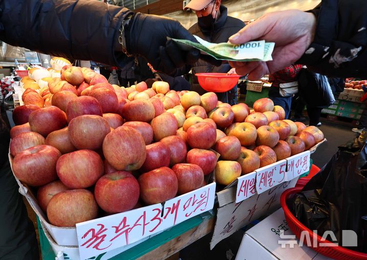 [서울=뉴시스] 김명년 기자 = 사진은 지난 3일 서울 동대문구 청량리농수산물시장에서 방문객이 사과를 구매하고 있는 모습. 2026.02.03. kmn@newsis.com