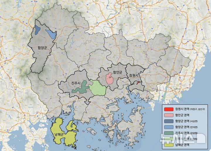 [창원=뉴시스]경남 수요응답형 버스(DRT) '경남콜버스' 운영 5개 시군 7개 권역 표시.(자료=경남도 제공) 2026.02.04. photo@newsis.com