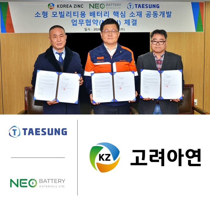 [울산=뉴시스] 지난달 28일 고려아연 온산제련소에서 드론·로봇용 복합동박 탑재 고성능 배터리 기술 개발을 위해 태성, 네오배터리머티리얼즈코리아와 양해각서(MOU)를 체결하고 있다. (왼쪽부터) 김종학 태성 대표이사, 김승현 고려아연 온산제련소장, 정준식 네오배터리머티리얼즈코리아 부대표. (사진=고려아연 제공) 2026.02.04. photo@newsis.com *재판매 및 DB 금지