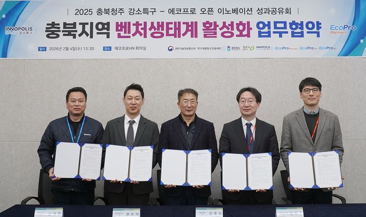 [청주=뉴시스] 4일 에코프로에이치엔 본사에서 열린 특구재단, 충북대, 에코프로에이치엔, 에코프로비엠, 에코프로파트너스 간 업무협약식의 모습.(왼쪽부터)오재훈 에코프로비엠 이사, 권오석 에코프로파트너스 상무, 김종섭 에코프로에이치엔 대표, 정희권 특구재단 이사장, 이상섭 충북대 산학협력단 학술연구부단장.(사진=특구재단 제공) *재판매 및 DB 금지