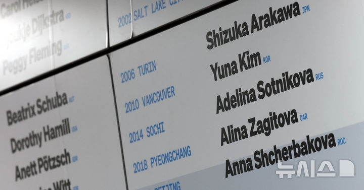 [밀라노=뉴시스] 박주성 기자 = 2026 밀라노·코르티나담페초 동계올림픽 개막을 사흘 앞둔 3일(현지 시간) 이탈리아 밀라노 포르텔로역에 김연아를 포함한 역대 피겨스케이팅 금메달 리스트의 이름이 적혀 있다. 2026.02.03. park7691@newsis.com