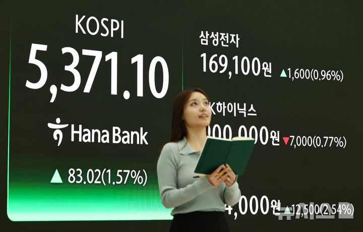 [서울=뉴시스] 김명년 기자 = 4일 오후 서울 중구 하나은행 딜링룸에 삼성전자 종가가 표시돼 있다 삼성전자는 이날 한국 기업 사상 처음으로 시가총액이 1000조원을 넘어섰다. 2026.02.04. kmn@newsis.com