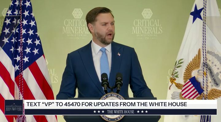 [워싱턴=뉴시스]JD 밴스 미국 부통령은 4일(현지 시간) 미국 워싱턴DC에서 국무부가 개최한 핵심광물 장관급 회의 기조연설을 진행하고 있다. (사진=국무부 유튜브). 2026.02.05. *재판매 및 DB 금지