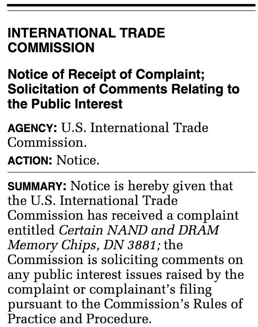 [서울=뉴시스]5일 업계에 따르면 미국 국제무역위원회(ITC)는 미국계 특허관리전문회사(NPE)인 모노리식 3D(Monolithic 3D)가 접수한 민원을 미국 연방관보에 게재하고, 해당 사안에 대한 의견 제출 절차를 진행 중이다. (사진=미국 연방관보 홈페이지 캡쳐) photo@newsis.com *재판매 및 DB 금지