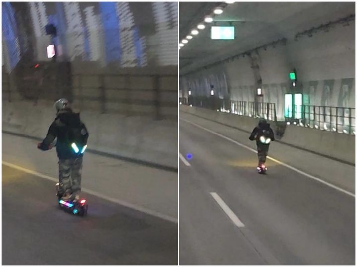 킥보드가 왜 고속도로 터널에…110㎞ 車 사이 '아찔한 주행'