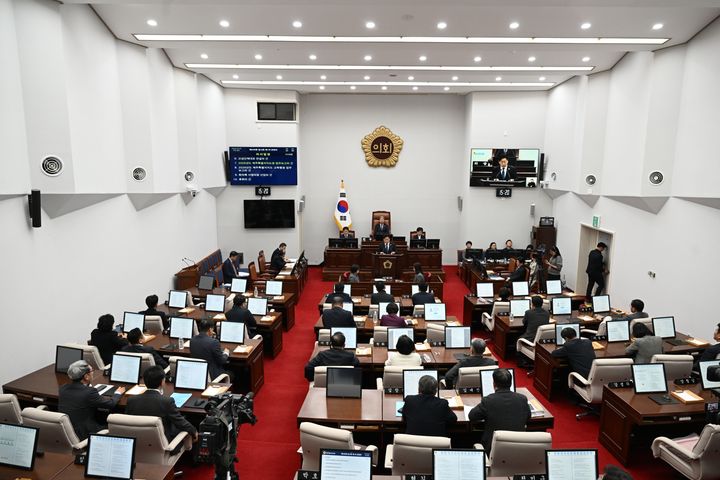 [제주=뉴시스] 5일 오후 제주도의회 본회의장에서 제446회 제주도의회(임시회) 제1차 본회의가 열리고 있다. (사진=제주도의회 제공) 2026.02.05. photo@newsis.com *재판매 및 DB 금지