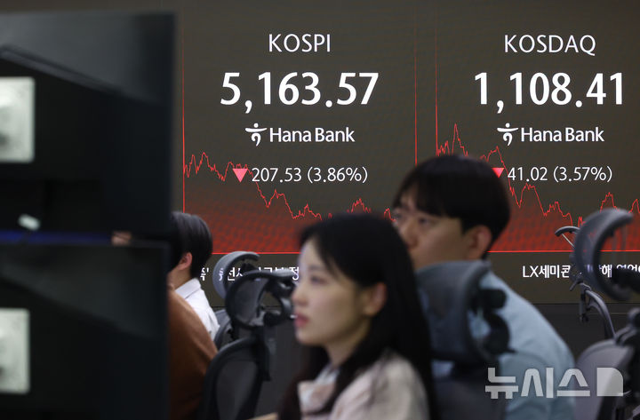 [서울=뉴시스] 황준선 기자 = 코스피가 전 거래일(5371.10)보다 207.53포인트(3.86%) 내린 5163.57에 마감한 지난 5일 오후 서울 중구 하나은행 딜링룸 전광판에 지수가 표시돼 있다. 2026.02.05. hwang@newsis.com