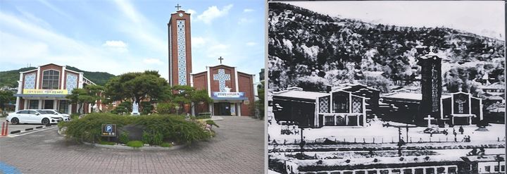 [청주=뉴시스] 현재의 충북 청주 수동 성당(왼쪽)과 1967년 당시 청주 수동 성당 모습. (사진=충북도 제공) *재판매 및 DB 금지