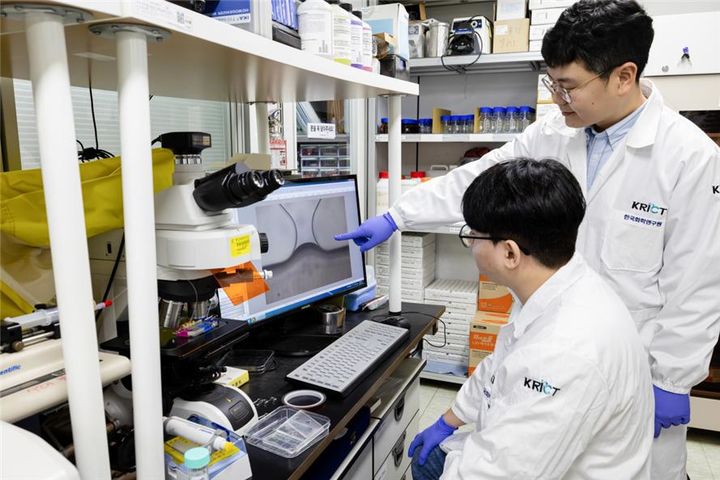 [대전=뉴시스] 화학연구원과 충남대학교가 공동연구를 통해 전처리 없이 미세 오염물질을 바로 추출·분석할 수 있는 칩을 개발했다. 연구진이 미세유체칩에 오염물질이 추출되는 모습을 전자현미경으로 확인하고 있다.(사진=화학연구원 제공) *재판매 및 DB 금지