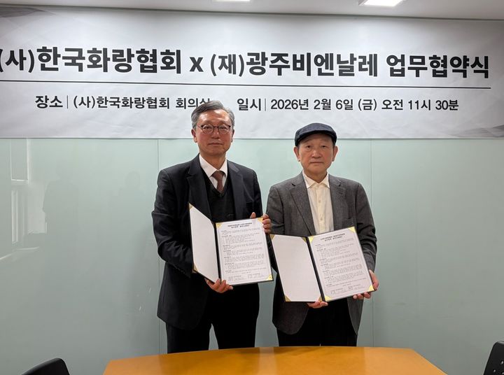 이성훈 화랑협회 회장과 윤범모 광주비엔날레 대표 이사가 업무 협약(MOU)을 체결하고 기념 사진을 찍고 있다. *재판매 및 DB 금지