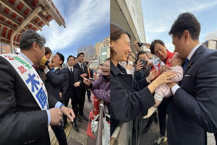 [서울=뉴시스]고이즈미 신지로 방위상이 중의원 선거 유세현장에서 유권자들의 아기를 안고 있는 모습.(사진출처: 엑스) 2026.02.06.