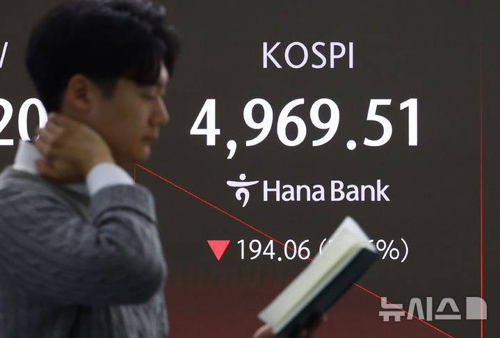 [서울=뉴시스] 황준선 기자 = 코스피가 전 거래일(5163.57)보다 150.42포인트(2.91%) 하락한 5013.15에 개장한 6일 오전 서울 중구 하나은행 딜링룸 전광판에 지수가 표시돼 있다. 코스닥 지수는 전 거래일(1108.41)보다 31.33포인트(2.83%) 내린 1077.08에 거래를 시작했다. 서울 외환시장에서 원·달러 환율은 전 거래일 주간거래 종가(1469.0원)보다 3.7원 오른 1472.7원에 출발했다. 2026.02.06. hwang@newsis.com