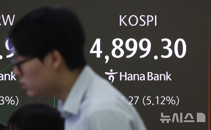 [서울=뉴시스] 황준선 기자 = 코스피가 전 거래일(5163.57)보다 150.42포인트(2.91%) 하락한 5013.15에 개장한 6일 오전 서울 중구 하나은행 딜링룸 전광판에 지수가 표시돼 있다. 2026.02.06. hwang@newsis.com