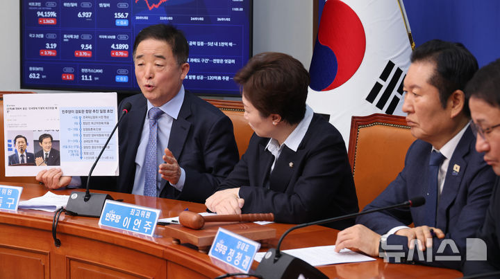 [서울=뉴시스] 김금보 기자 = 강득구 더불어민주당 최고위원이 6일 오전 서울 여의도 국회에서 열린 최고위원회의에서 '합당 대외비 문건' 논란에 대해 정청래 대표의 해명을 요구하고 있다. 2026.02.06. kgb@newsis.com