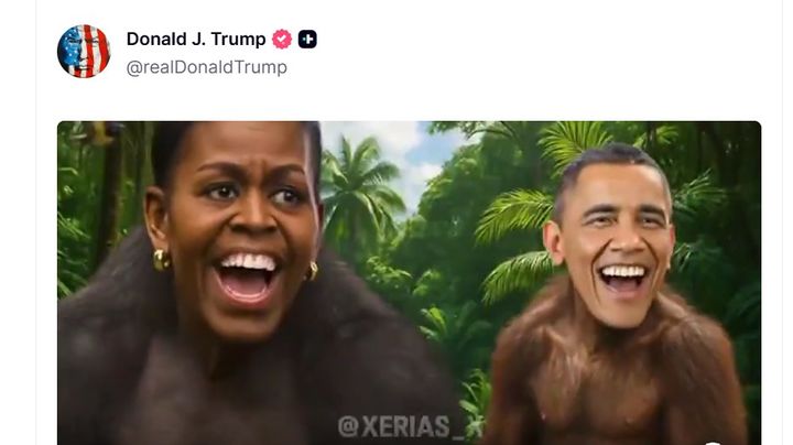 트럼프, 오바마 부부 원숭이 합성 영상 공유…인종차별 논란